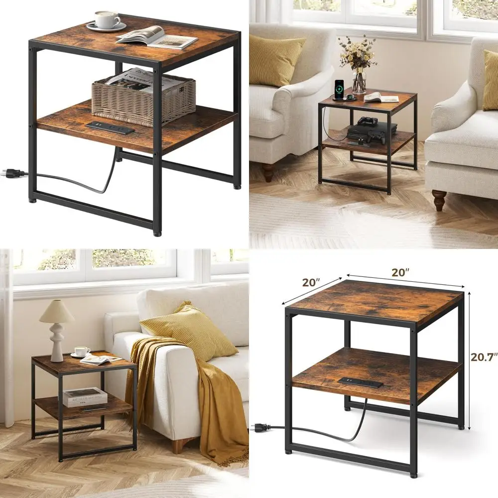 

2-уровневый приставной столик в индустриальном стиле с USB-зарядкой и розетками, коричневый под старину