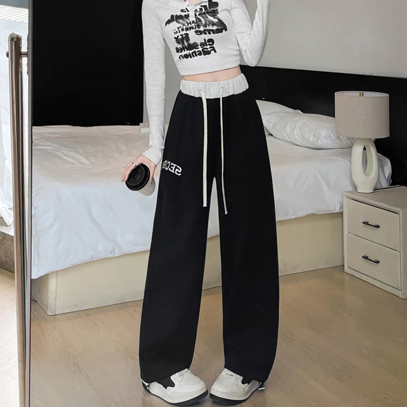 Vintage Letter Embroidery Y2K Sweatpants for Woman Chic Patchwork Design Casual Trousers Autumn Winter High Waist Straight Pants