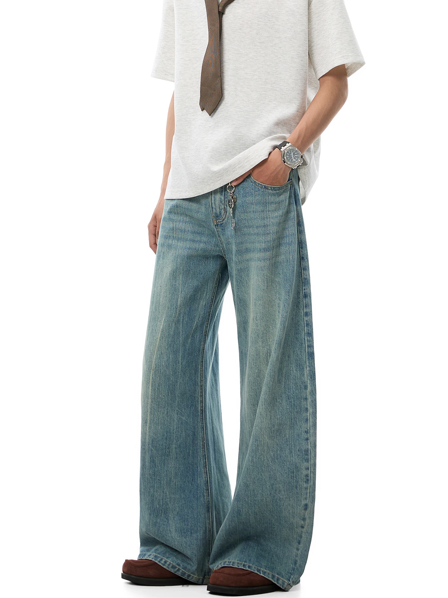Cleanfit American Style Wide Leg A-Line Knife  Jeans Men's Summer Straight Leg Jeans Youthful Trendy Cotton Breathable