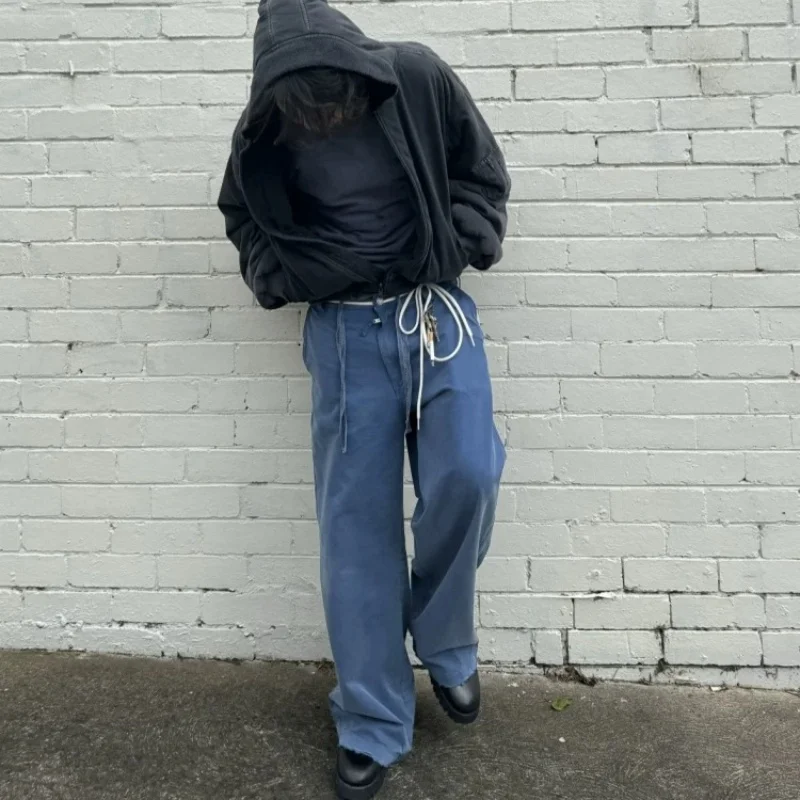 

Синие винтажные мешковатые повседневные брюки с талией, свободные удобные широкие хлопковые брюки для мужчин и женщин, повседневная одежда, осень 2025 г.