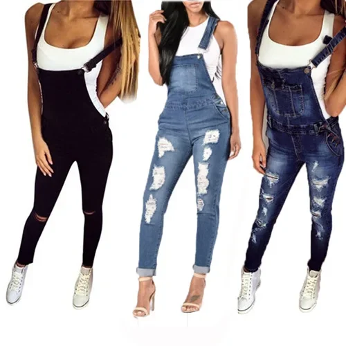 Women Denim Overalls Jeans Ankle Length Pencil Pants Pockets Holes Solid Distressed One Piece High Waist Casual Sexy Y2k Mom