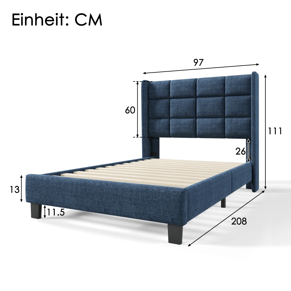 PINGGO Modernes Gepolstertes Einzelbett 90x200cm Blaues Leinen Gepolstertes Kopfteil Schiefergitter Mittlere Festigkeit Ohne Matratze – Detail 4