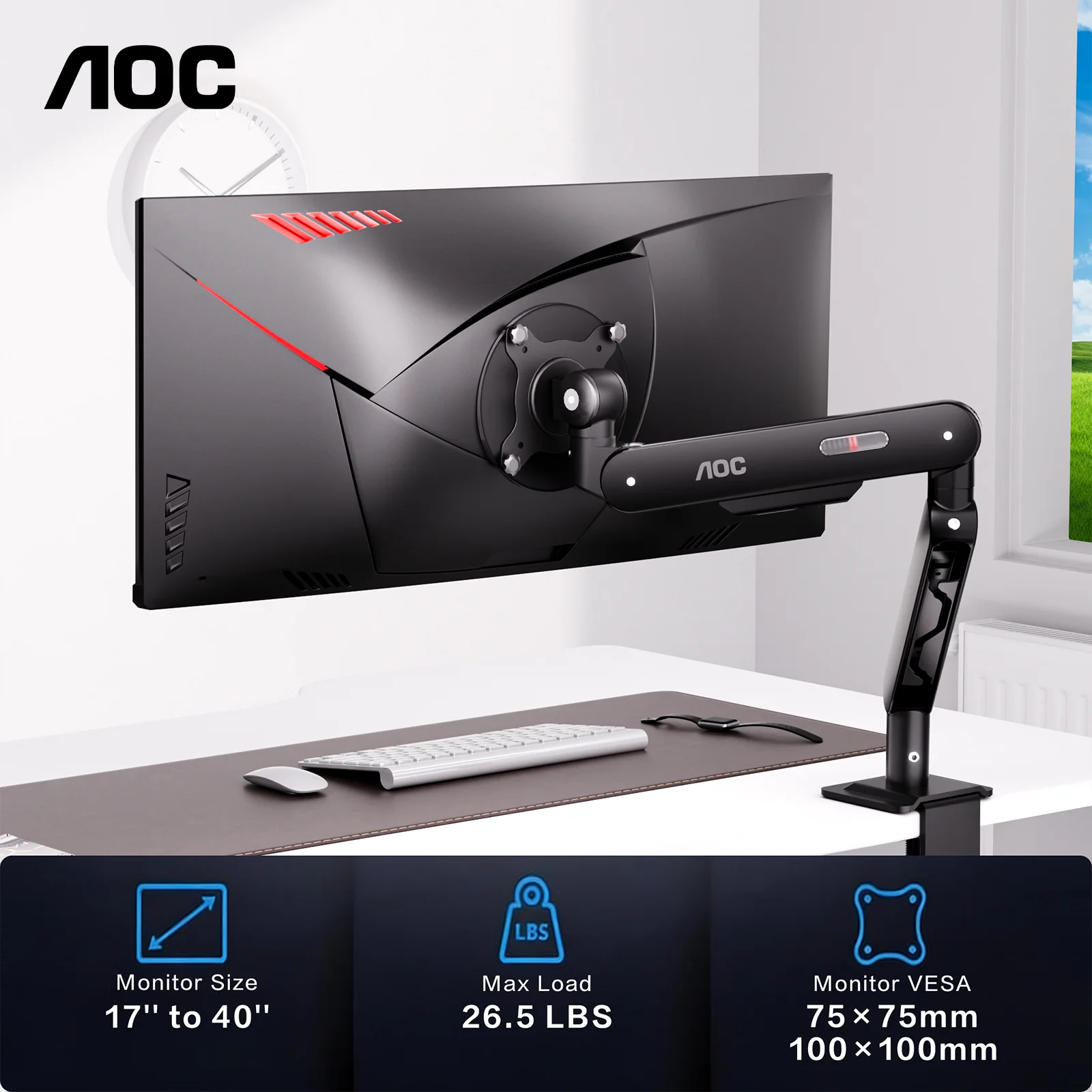 AOC AM500MAX Premium-Aluminium-Einzelmonitorarm, höhenverstellbare Hochlast-Monitorhalterung für 17–40 Zoll Bildschirme, Tragkraft 4–12kg