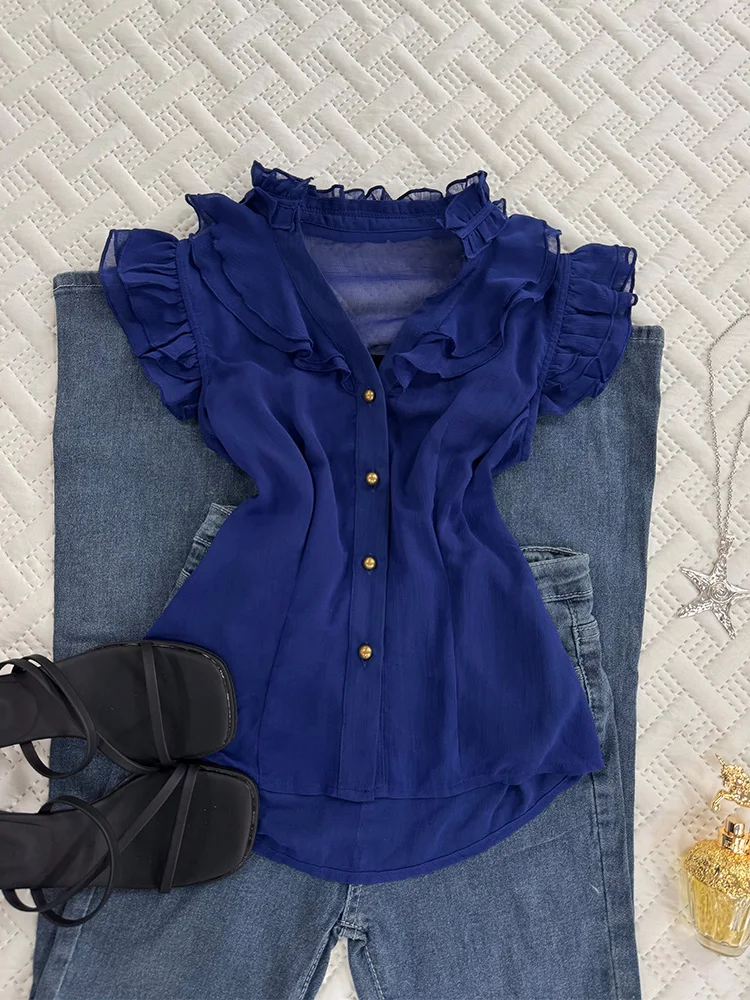 

Original Blue irt Women's Ele Vintage Sle Cotton Blend ort Sve V-Ne Commute Faion Korean Version 2025 New Ar...