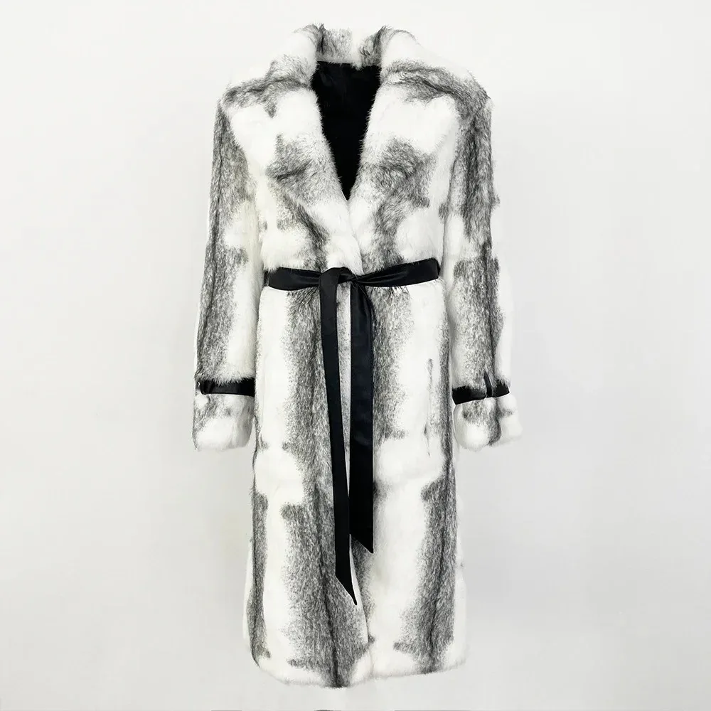 الخريف الشتاء النساء معطف فرو الأرنب فوق الركبة الجلود كاملة المستوردة موضة ليوبارد طباعة معطف سميكة الدافئة الفراء المتكاملة #2