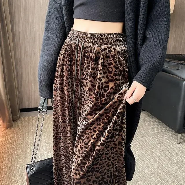 Autumn Winter Fashion Leopard Wide Leg Women Elastic Waist Loose Casual Straight Simplicity Office Lady All-match Trend Harem