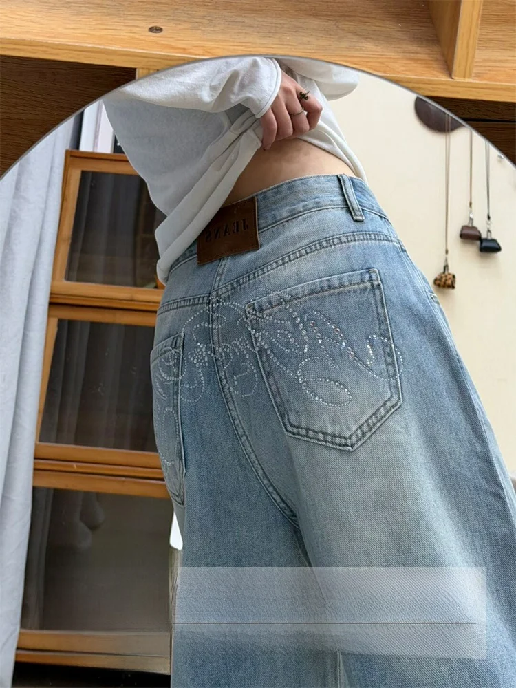 

Джинсы-клеш больших размеров с вышивкой и стразами, удлиненные, женские, осенне-зимние, новинка, узкий крой, широкие штанины...