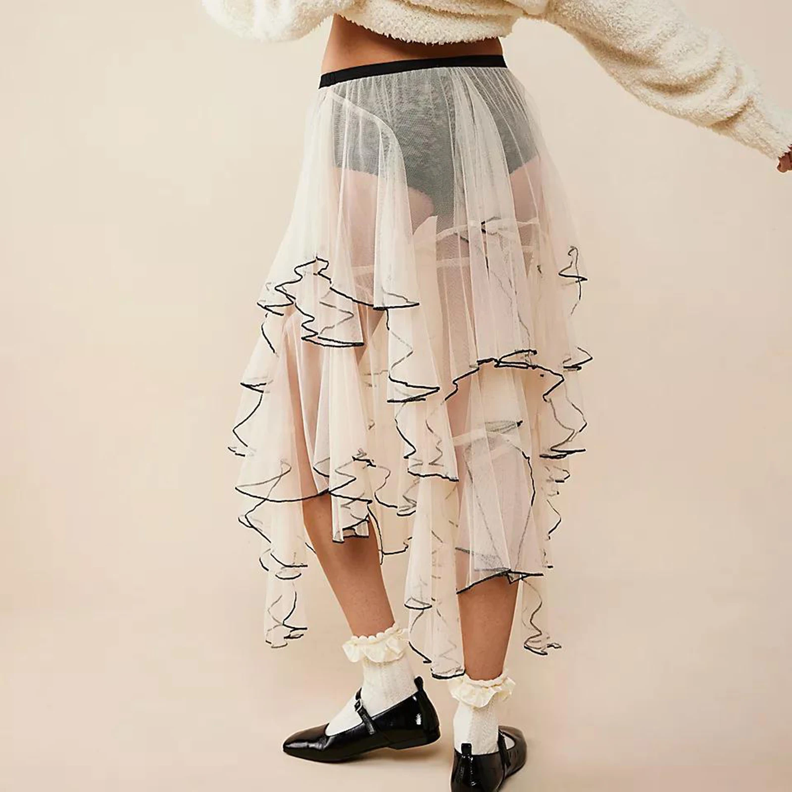 Women Sheer Tulle Skirt Casual Summer Irregular Layered Ruffled Elastic Skirt for Beach Vacation Club Streetwear