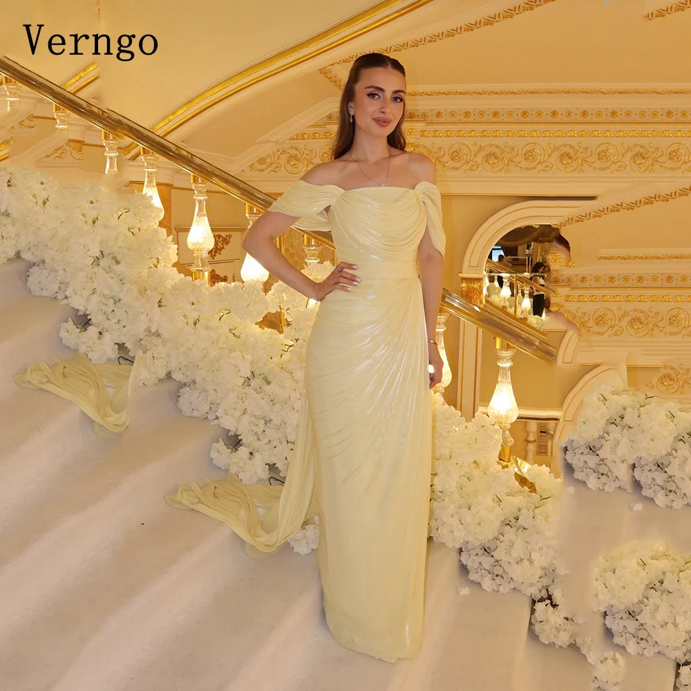 Verngo Yellow Shiny Satin Evening Dress Off The Shoulder Mermaid Formal Occasion Dresses Organtin Crystal Prom Gown Customized