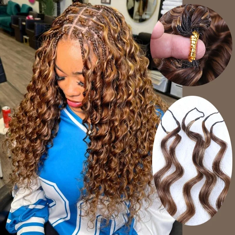 4/27 Highlight Loose Deep Wave Feather Crochet Human Hair Raw Brazilian Hair Bulk Pre Looped Hair Extensions Invisible Miracle Knots Feather Crochet Hair 14-24 Inchs Brown Highlight Real Human Hair Full Head Braiding Hair for Women Daily Wear