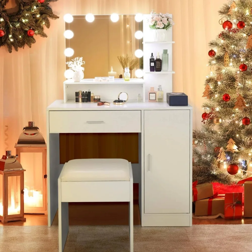 

Vanity Table 10 Light Mirror 2 Drawers Makeup Dressing Desk Bedroom White