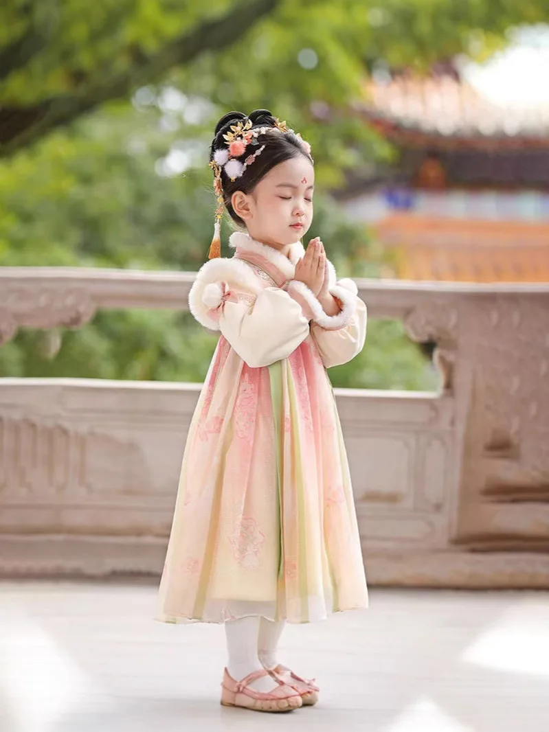 Abito da principessa in stile nazionale della dinastia floreale Nuovo costume classico per bambina Tang per bambini Performance Hanfu Aggiungi velluto