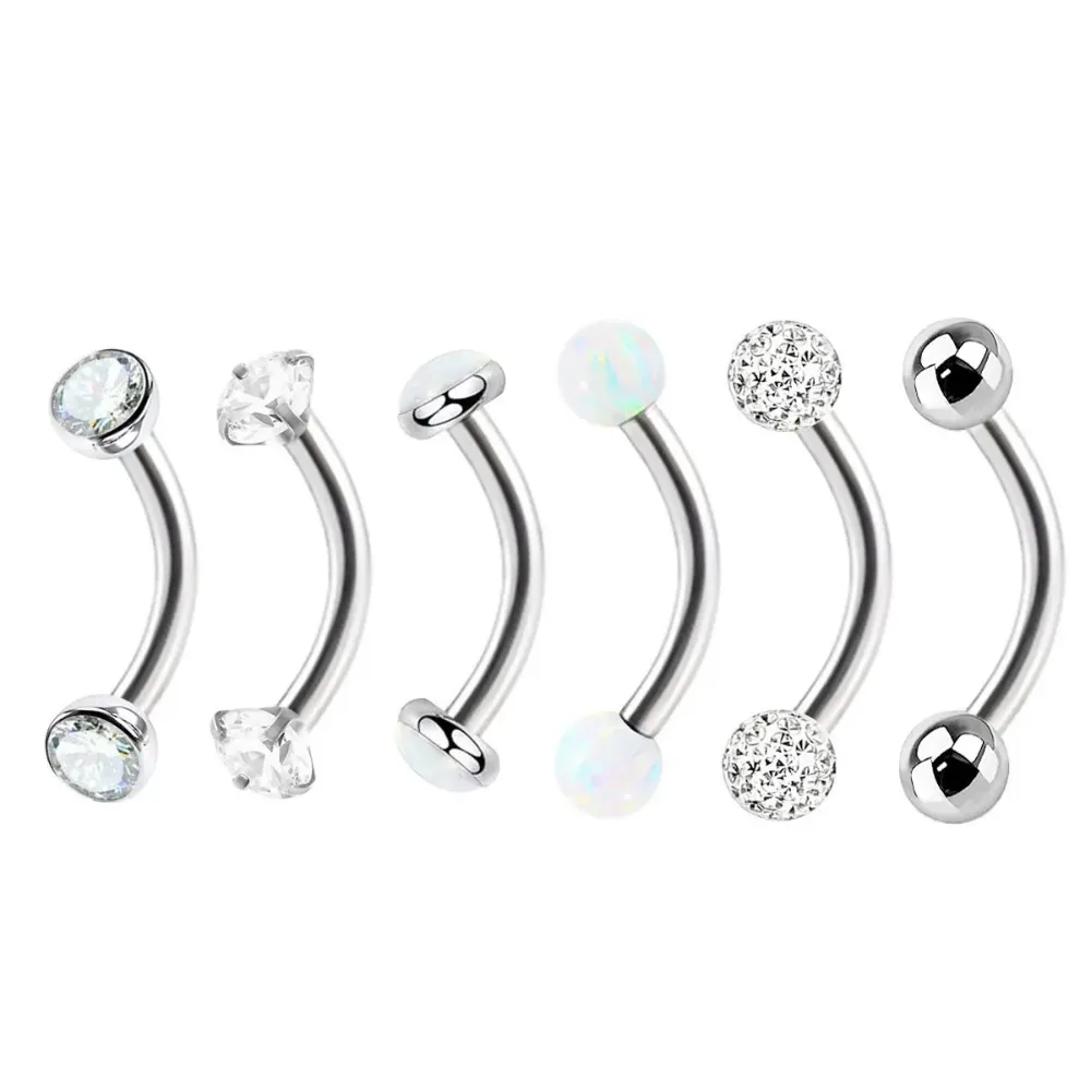 6pc Opal Gem Zircon Steel Eyebrow Ring Curved Barbell Internally Threaded 6mm - 14mm Bar Piercing Set 16g 1.2mm