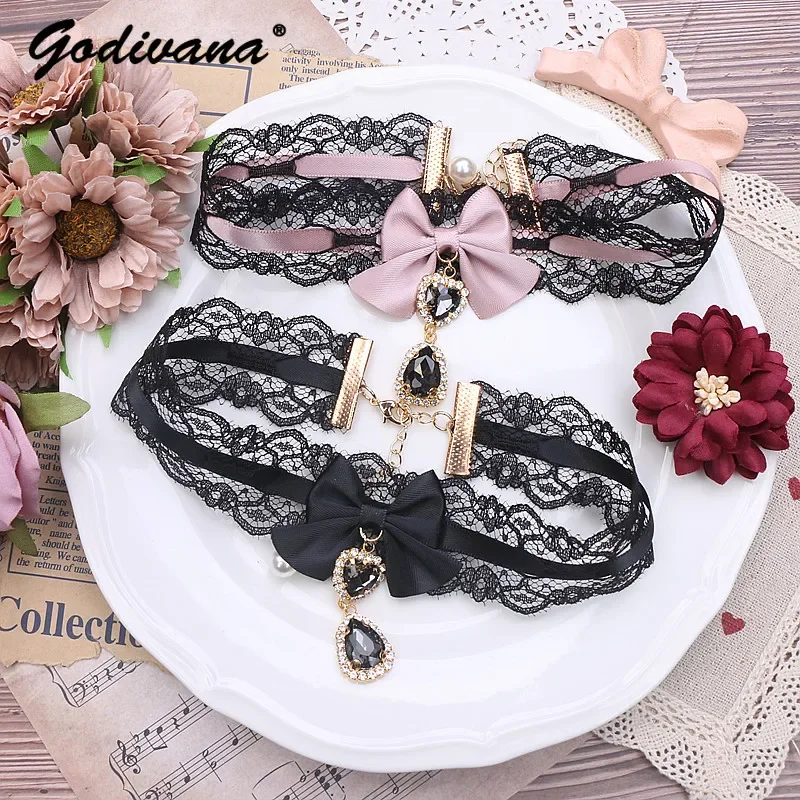 

Girls Chokers Handmade Japanese Style Sweet and Cute Lady Lace Bow Rhinestone Pendant Stickers Necklace Fashion Women Jewelry