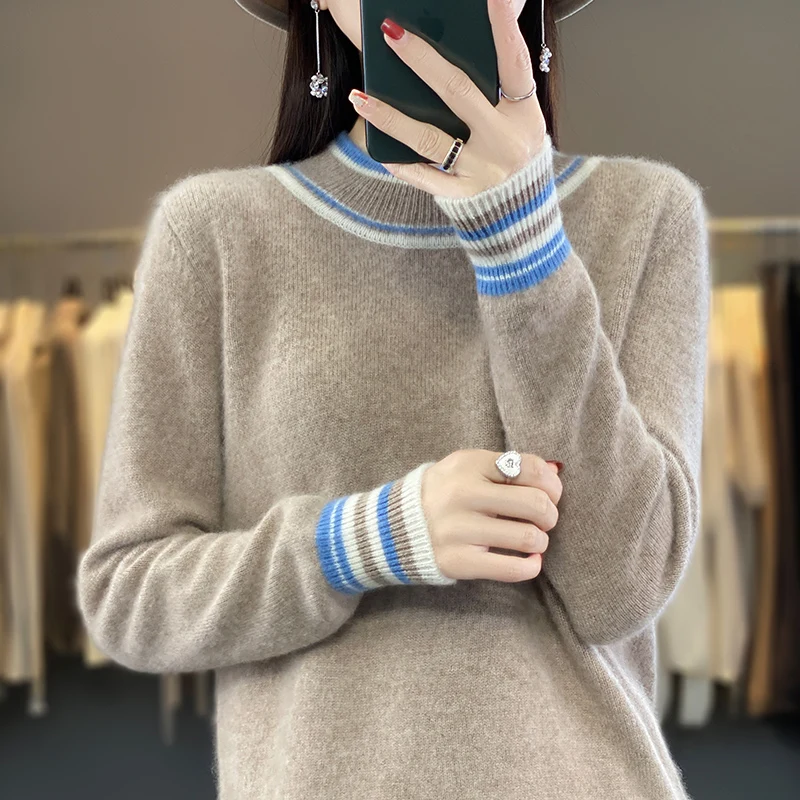 Half High Collar Woolen Sweater Women's 100% Pure Wool Pullover Top 2023 New Autumn/Winter Large Size Knitted Cashmere Sweater