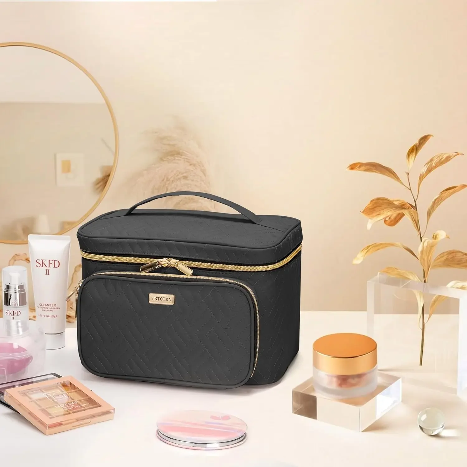 

Travel Makeup Bag with Jewelry Organizer, Large Cosmetic Case, Waterproof Toiletry Bag for Cosmetics, Brushes, and Tools, Black