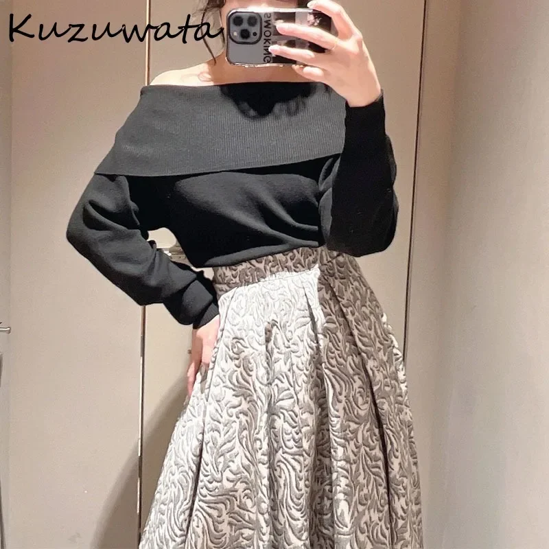 Kuzuwata Slash Neck Long Sleeve Sweet Jumper Fresh Elegant Simple Loose Woman Sweaters Japan Fashion Knit Temperament Pullovers