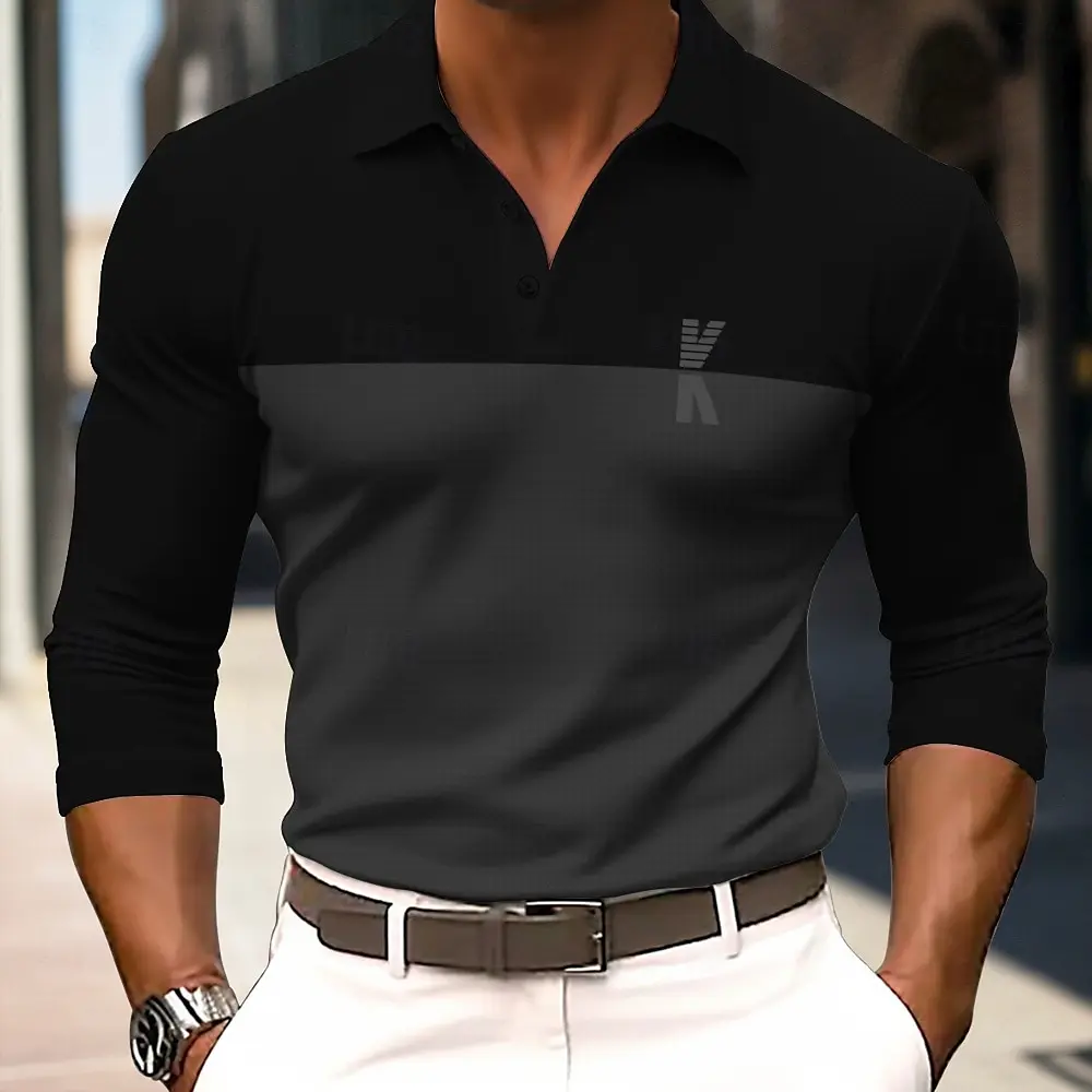 Men's stitching K letter long-sleeved Polo shirt lapel sports leisure outdoor office daily wear button spring autumn winter