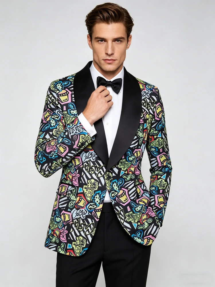 

Men's Graffiti Print Tuxedo Jacket, Black Satin Lapel Slim Fit Party Blazer, Formal Suit Coat for Wedding, Prom, Nightclub & Sta