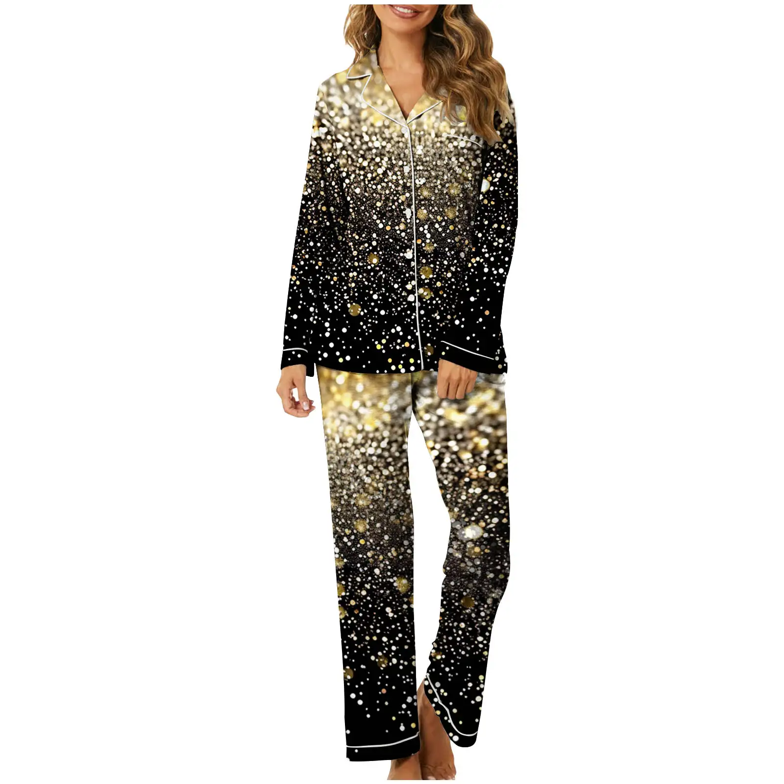 Autumn Fashion Pajamas Set Women's Starry Sky Print Long Sleeve And Elastic Waist Loose Pant 2 Piece Suit Homewear Female 2024