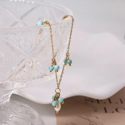 Stainless Steel Turquoise Freshwater Pearl Necklace 18K Gold Plated for Woman Necklace Chain Style Vintage Jewelry TN0009