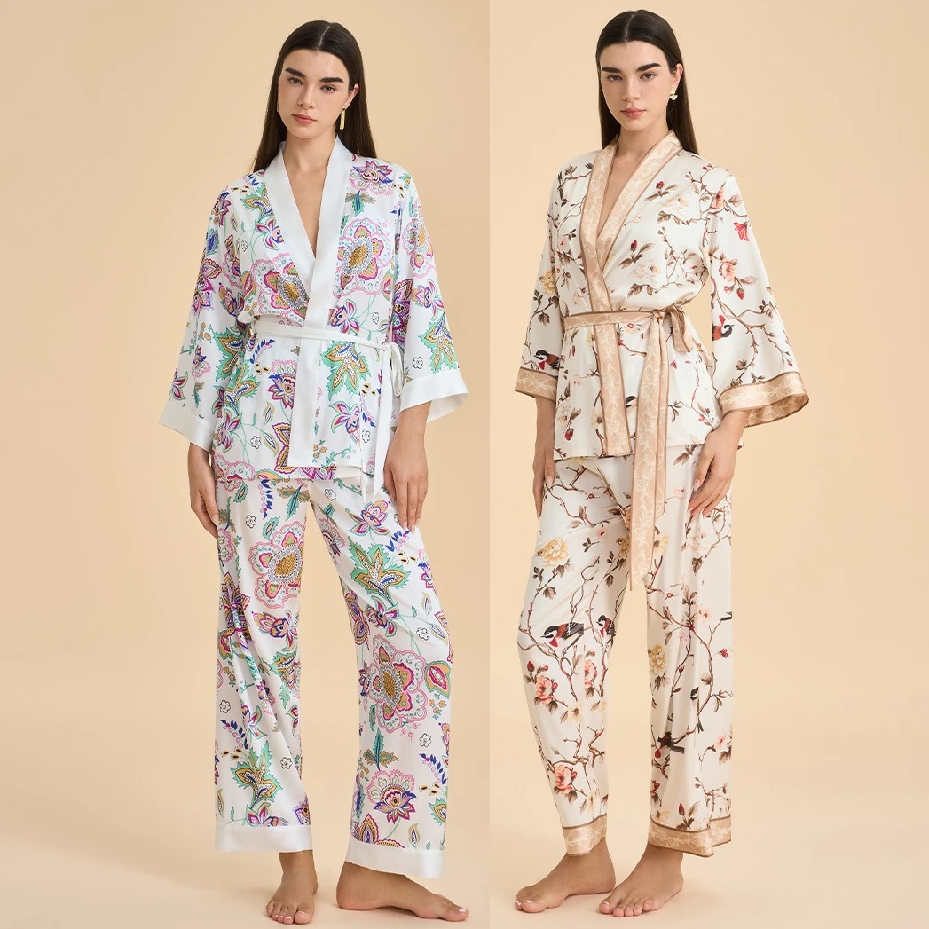 

Весенний женский пижамный комплект из 2 предметов: кардиган и брюки, с принтом, для сна и отдыха, из сатина, домашняя одежда