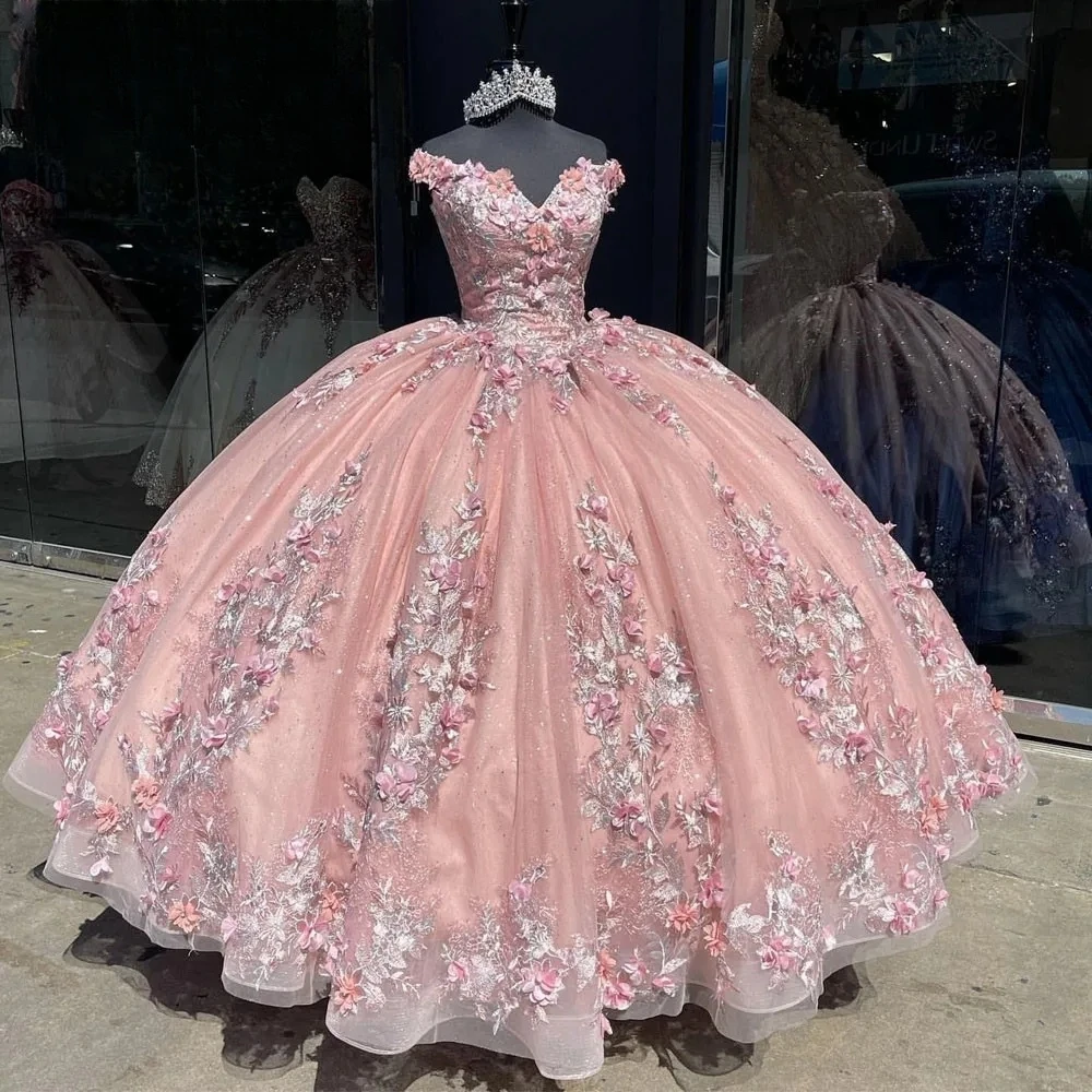 فستان الأميرة الوردي Quinceanera ، ثوب حفلة ، مكشوف الأكتاف مزين ، دانتيل حلو 16 فستان ، 15 سنة ، مكسيكي