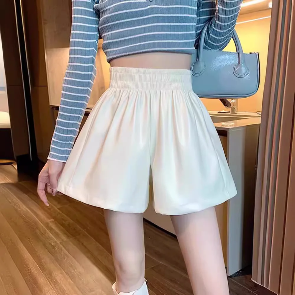 Bla PU レザーハイウエストワイドレッグパンツ女性のカジュアル Sle ort orts 秋冬ファイオン痩身 A ラインスキニー