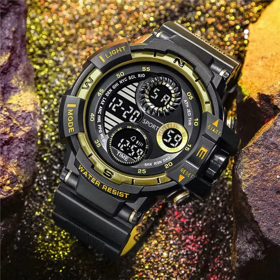 ساعة رقمية سوداء للرجال ساعات رياضية مقاومة للماء كرونوغراف خارجي ساعة يد G Infantry Shock Student