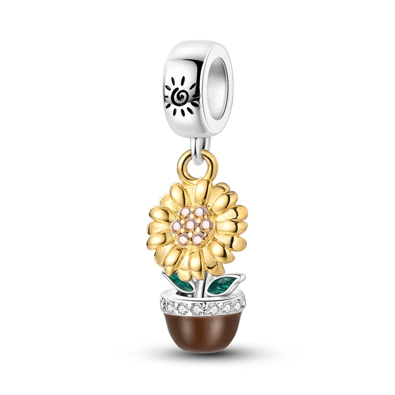 Original 925 เงินสเตอร์ลิงสีเหลืองหัวใจสัตว์ดอกทานตะวัน Daisy Beaded Charm สําหรับ Pandora DIY สร้อยข้อมือสุภาพสตรีเครื่องประดับของขวัญ