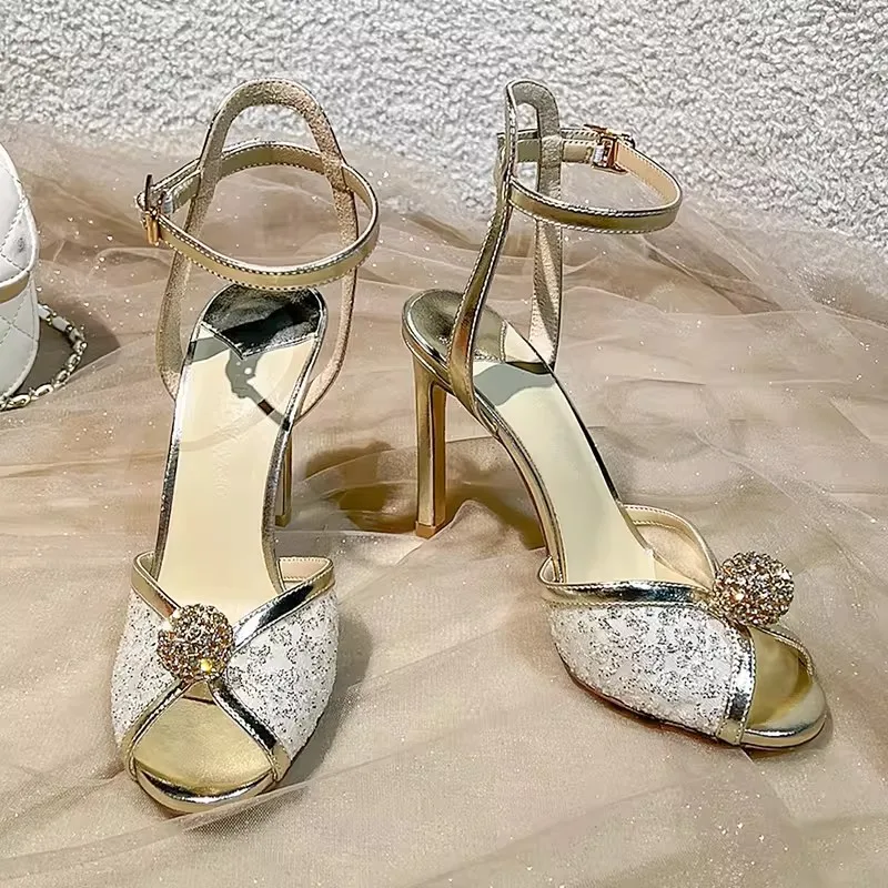 

Summer new fish mouth patent leather mesh lace rhinestone wedding shoes banquet large size slender high-heeled women's sandals