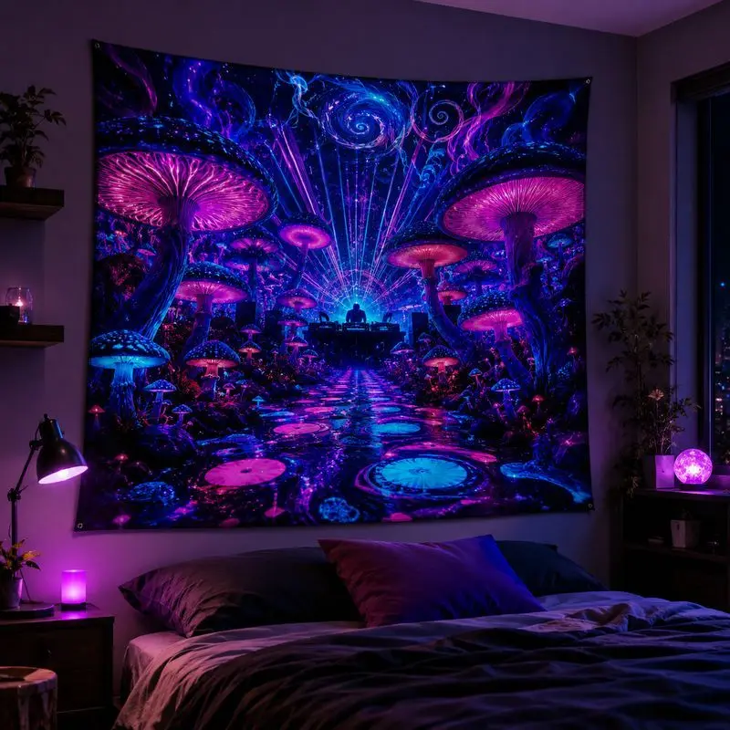 Game Controller Mushroom Blacklight Tapestry Neon Galaxy Wall Hanging Gaming Room Decor