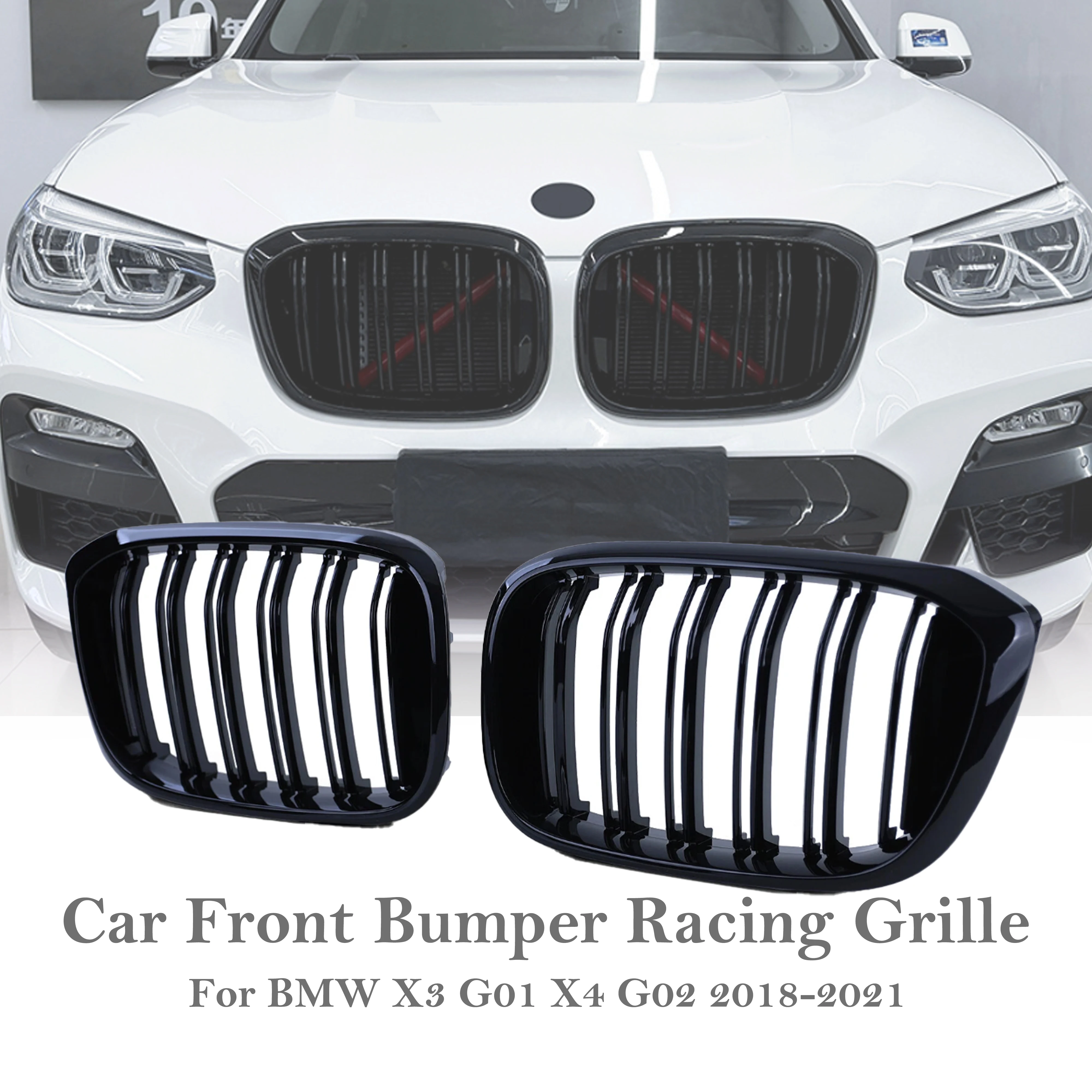 Car Front Bumper Double Slat Kidney Racing Grille Glossy Black Body Kit For BMW X3 G01 X4 G02 2018-2021 Pre-Facelift