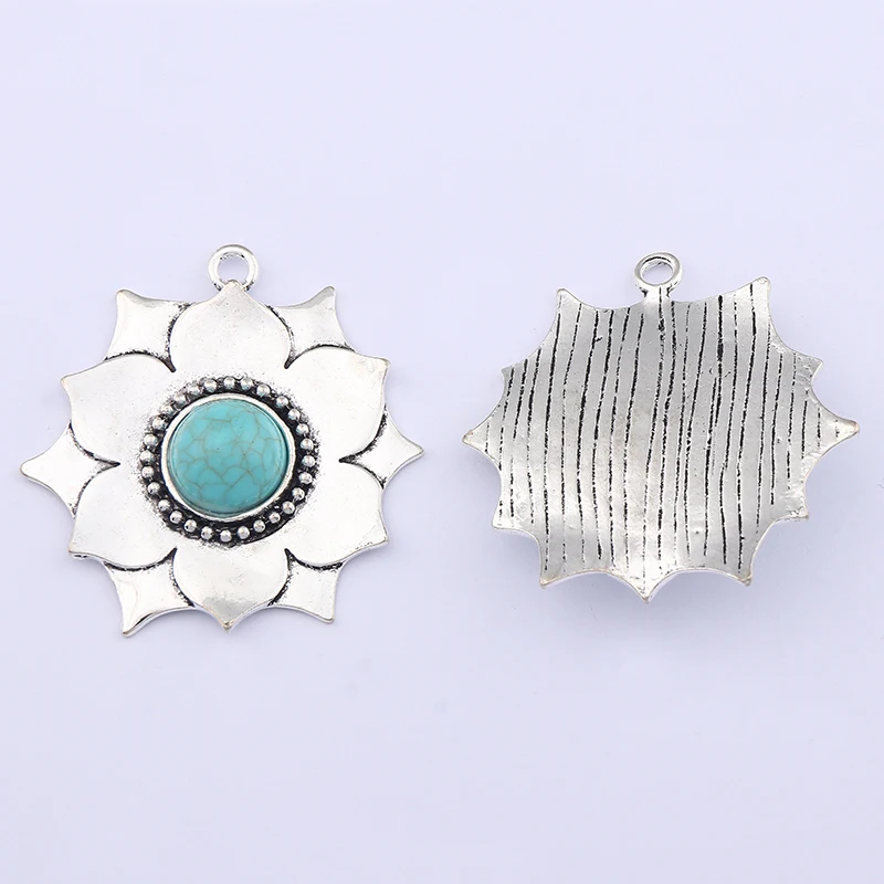 ZXZ 2pcs Tibetan Silver Imitation Turquoise Stone Flower Charms Pendants For Necklace Jewelry Making Findings 48x46mm