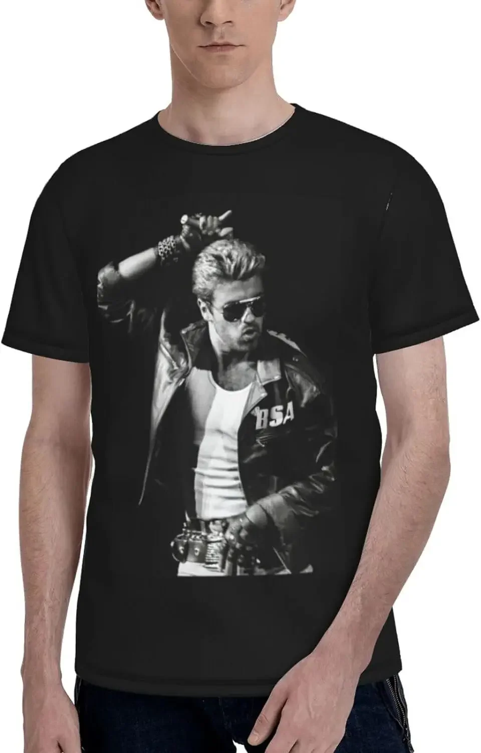 George Music Michael Shirt Men's Fashion Breathable Full Print Casual Round Neck Short Sleeve T-Shirt Top Black