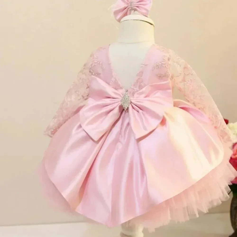 Customized Royal Red Flower Girl Dresses For Wedding Lace Full Sleeves Puffy Toddler Birthday Party First Communion Ball Gown