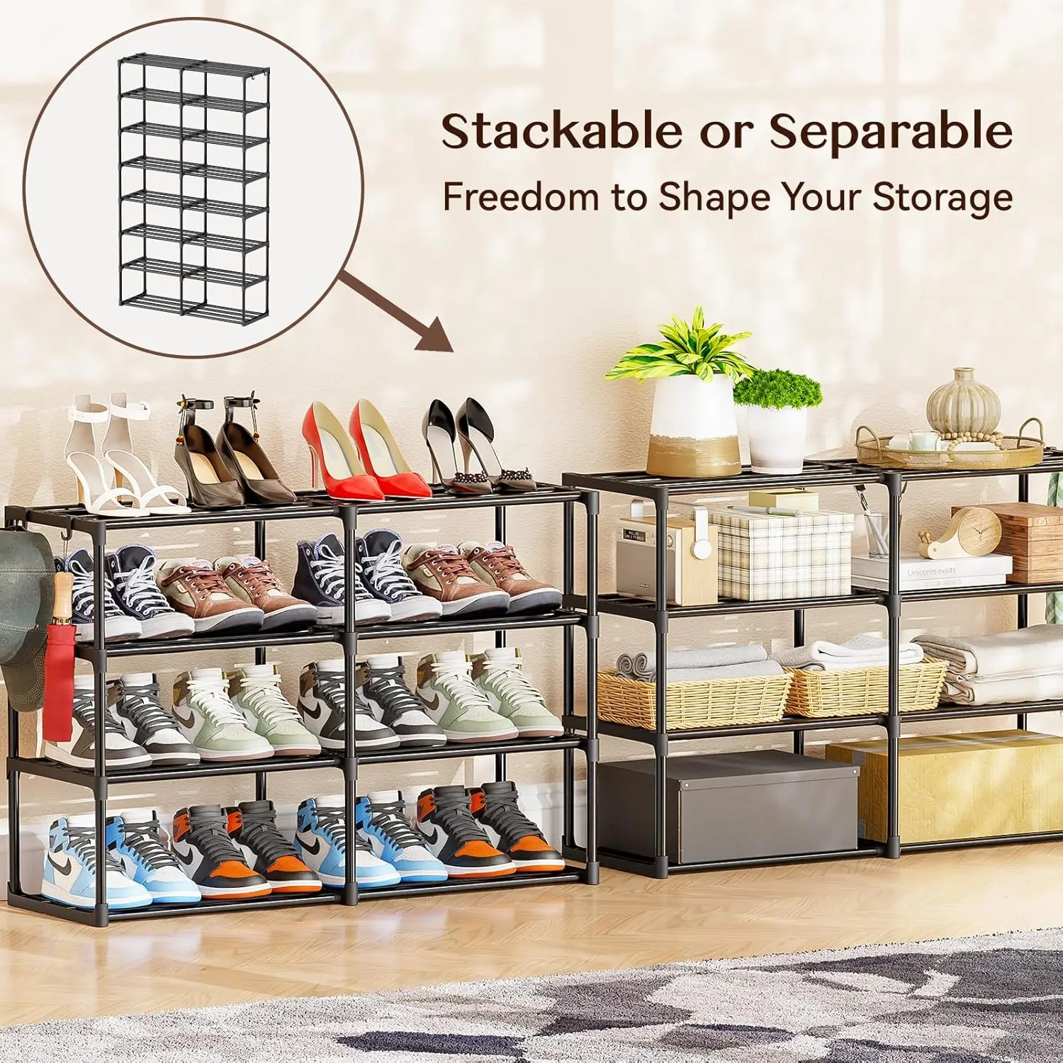 Black Metal Shoe Rack, 40-Pair Large Capacity Stackable Organizer for Bedroom or Entryway