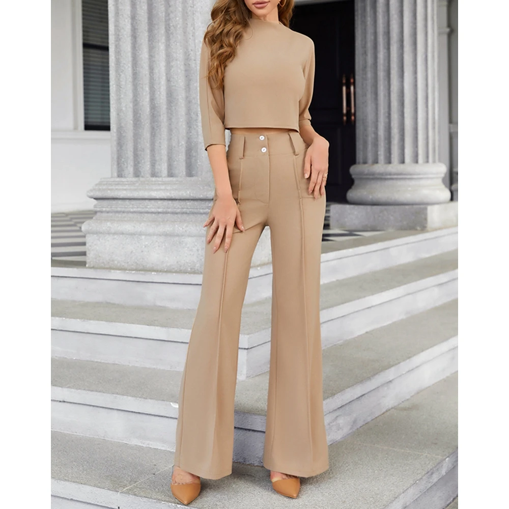 

Mock Neck Crop Top & Pocket Design Buttoned Work Pants Set Solid Two Pieces Outfits