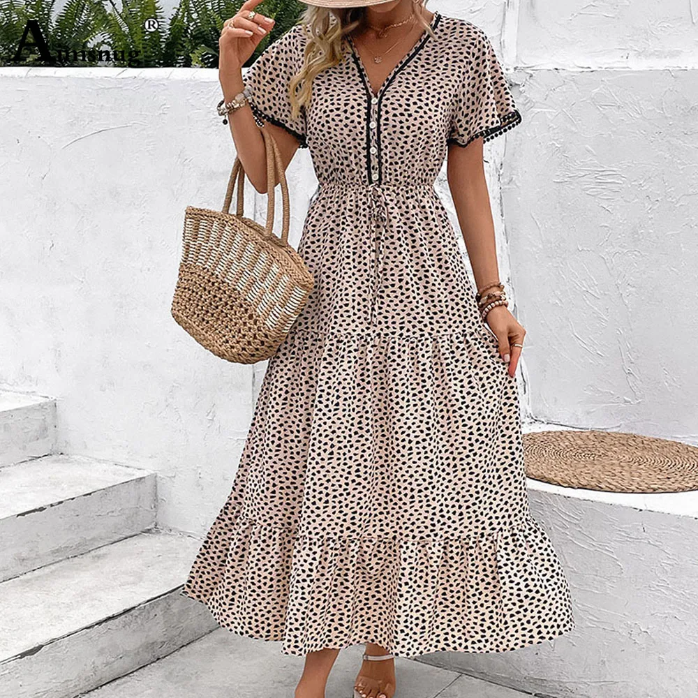 Short Sleeve Women Elegant Mid-Calf Dress Womens High Split Model Zipper Party Dresses Boho Leopard Print Dress Clothing 2023