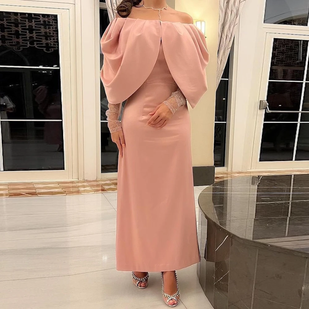 

Welove Elegant Pink Boat Neck Evening Dress Women's Autumn Sequins Sleeves Dress Jacket Elegant Ankle-length Prom Dress