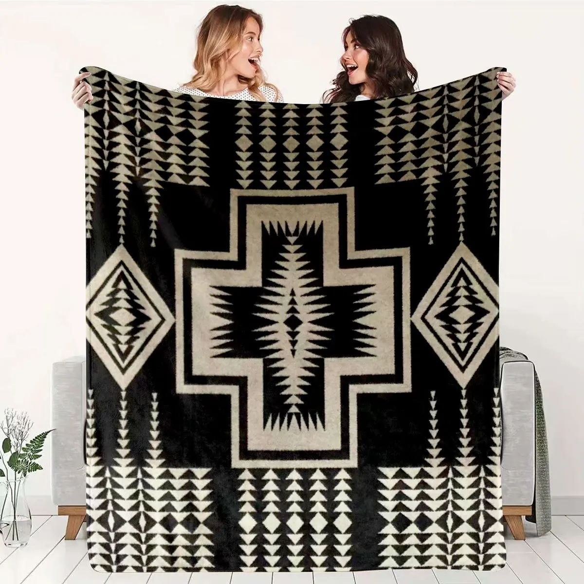 Boho Geometric Throw Blanket for Couch Living Room Decor Fleece Tribal Aztec Knit Plush Throw for Sofa Winter Warming Accent
