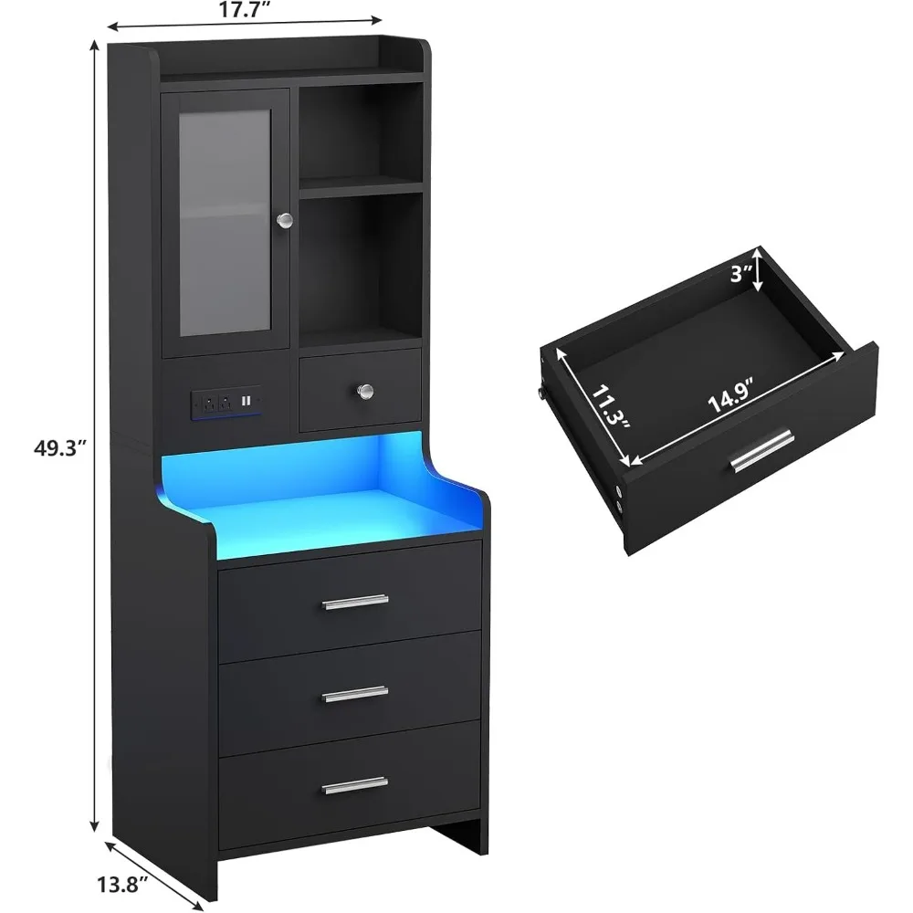 LED Night Stand Set 2 with Charging Station, Tall Bedside Table with Drawers & Shelves, End Side Table with Lights & Storage