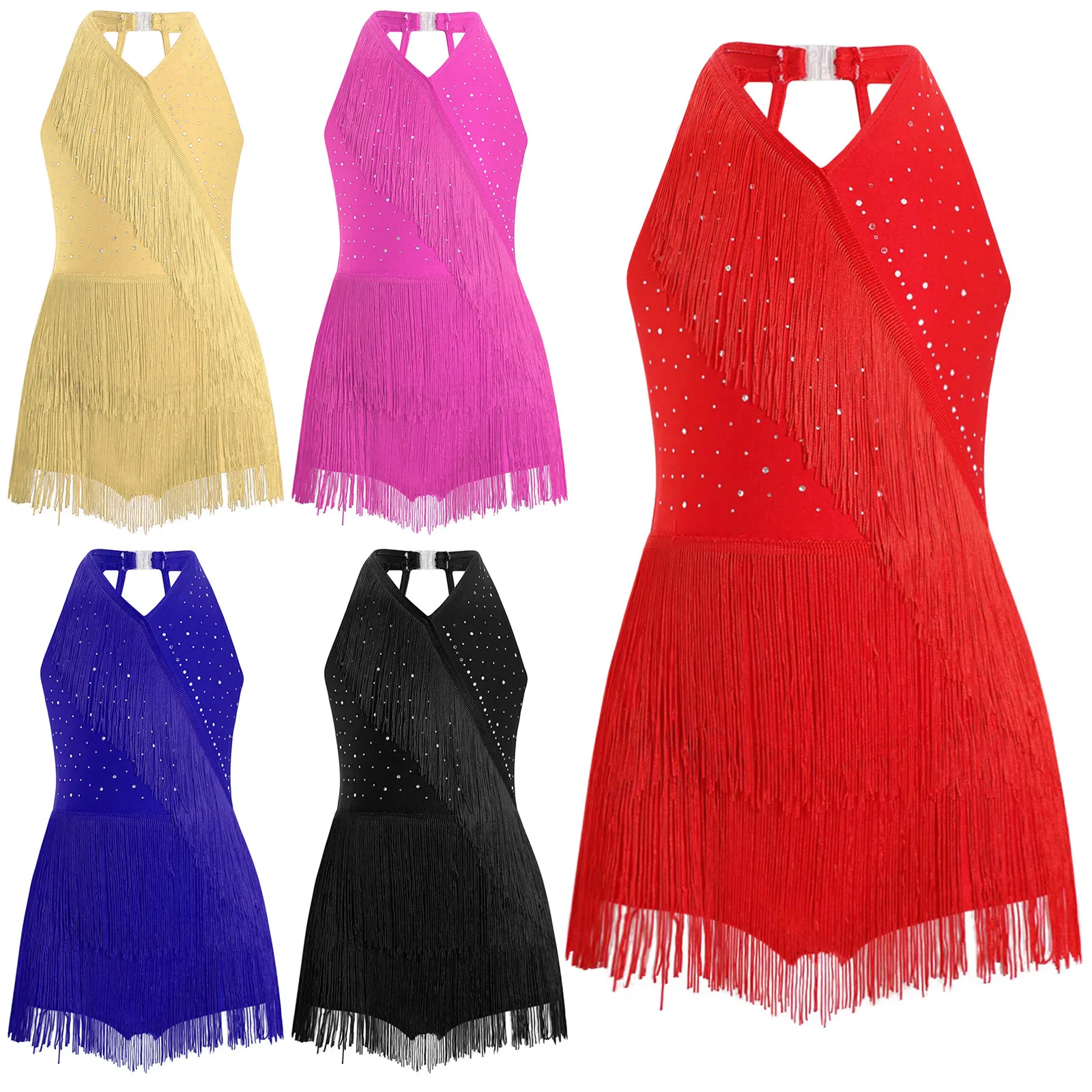 Kids Girls Latin Dance Costume Glittery Rhinestones Fringe Leotard Halter V-neck Sleeveless Strappy Back Tassel Jumpsuit