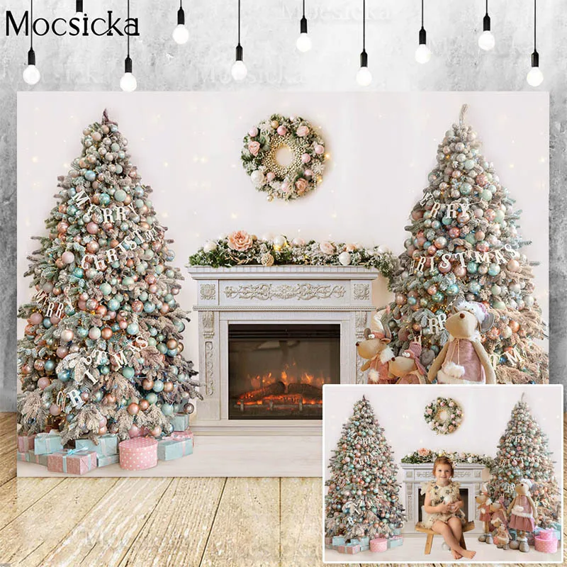 

Christmas Hearth Photography Backdrop Pink Christmas Tree Doll Gift Winter Fireplace Kids Family Portrait Background Photostudio