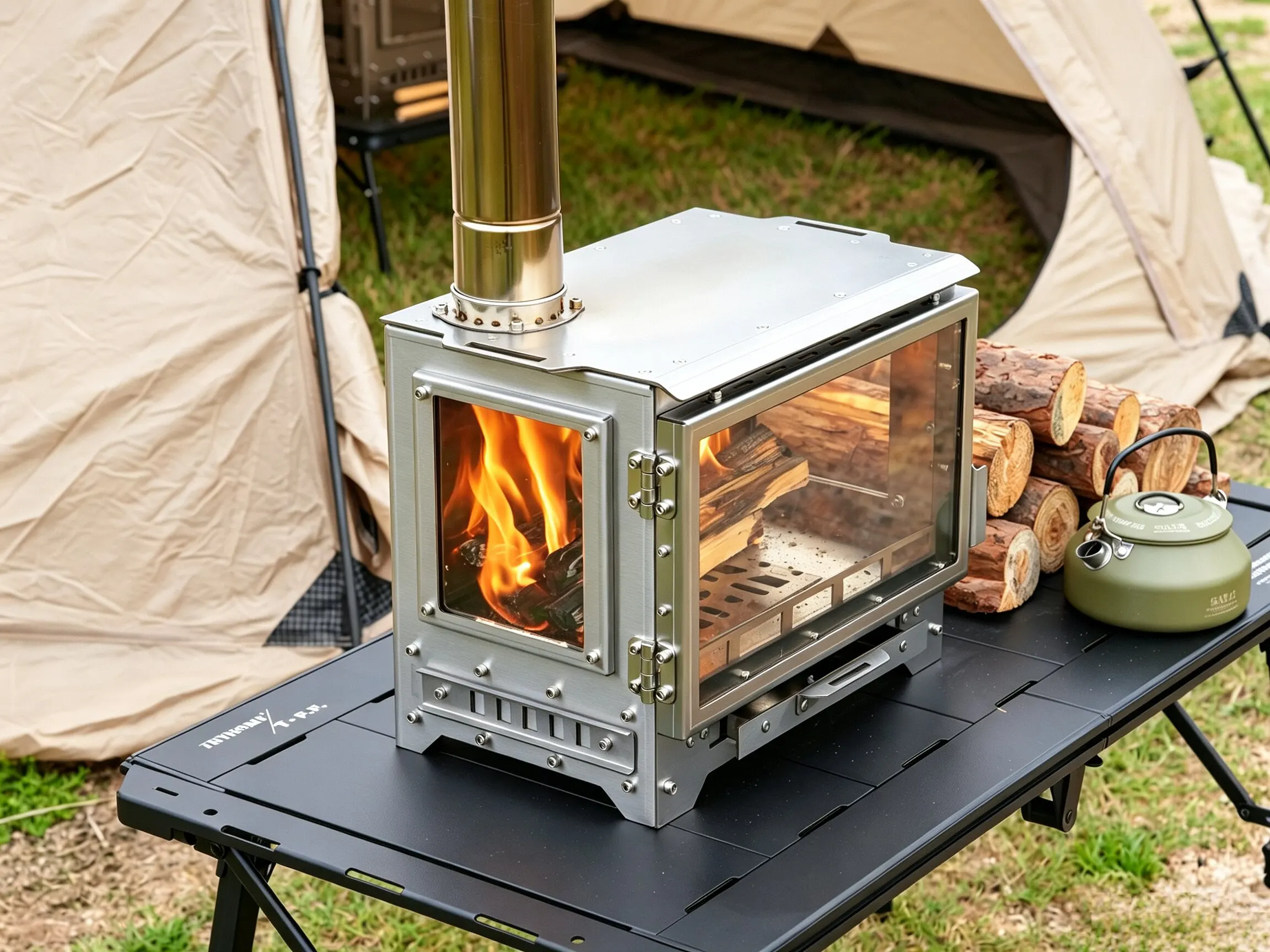 SmiloDon G1 Camping-Holzofen, 2026 Neuer 430 SUS Zeltheizer, 3-seitiges Glas, Sekundärverbrennung, 70/75mm Schornstein, Tragetasche – Detail 8