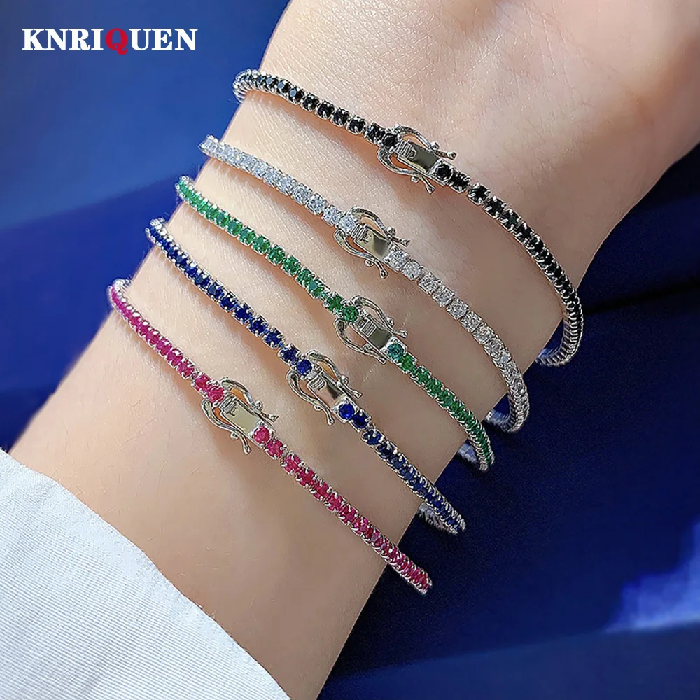 2023 Trend 100% 925 Real Silver 2mm Emerald Sapphire Gemstone Tennis Chain Bracelets Lab Diamond Women Party Fine Jewelry Gifts