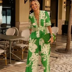 Temperament Straight-leg Printed Long Jumpsuit, Women's Spring New Fashion Printed V-neck Short Sleeve Loose Jumpsuit for Women