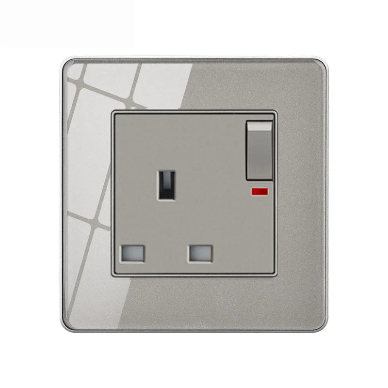 13A UK British standard Wall Socket,86*86mm Tempered Crystal Glass Panel,AC 110V-250V Power Outlet With LED Indicator and Switch