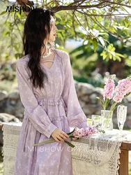 MISHOW Elegant Black Fungus Edge Dress for Women Spring 2025 Floral Lace-up Waist Dresses Long Sleeved Cake Dress MXE13L2101