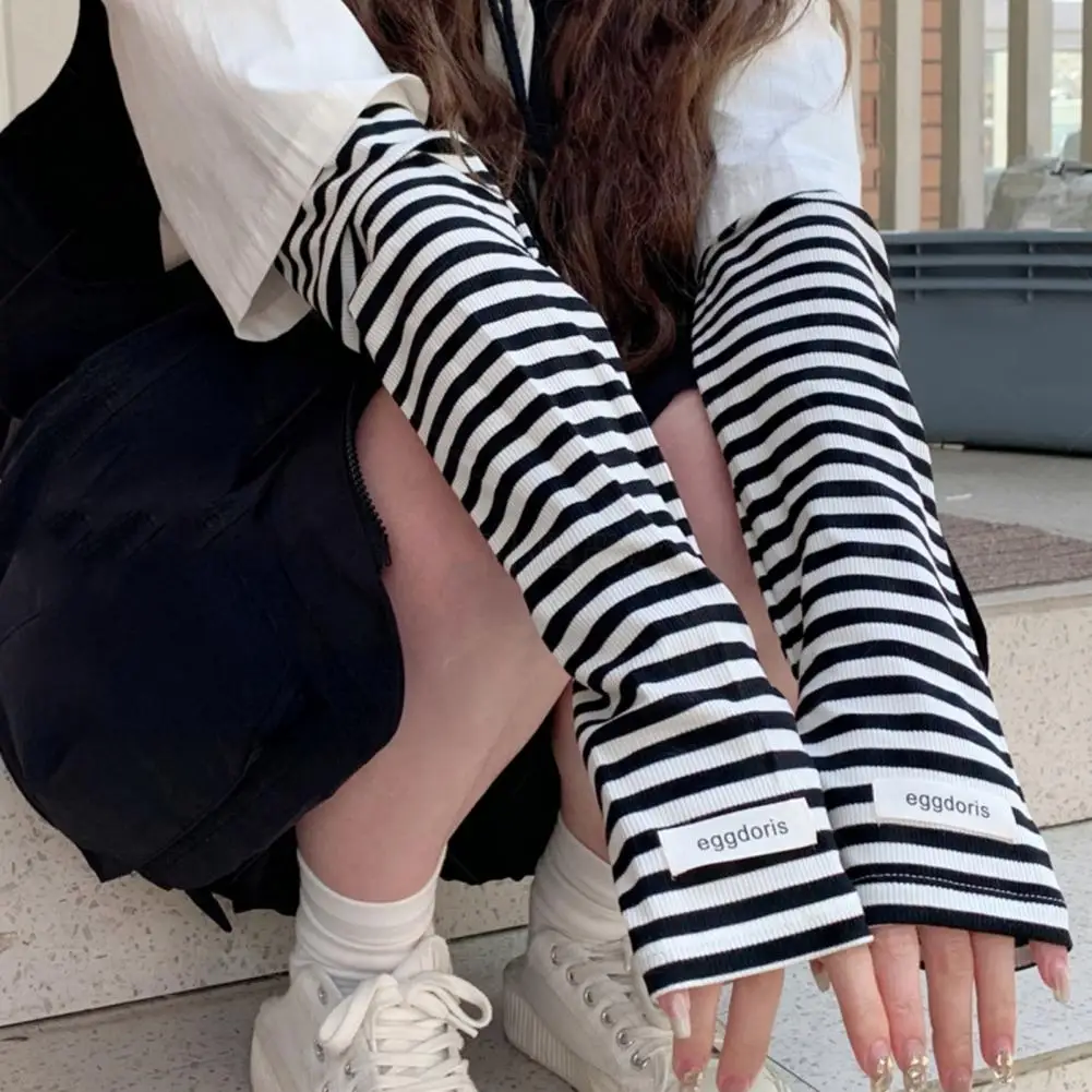 Punk Long Sleeves Fingerless Gloves Cuff for Women Men Stripe Hip-Hop Knitted Elbow Mittens Elastic  Arm